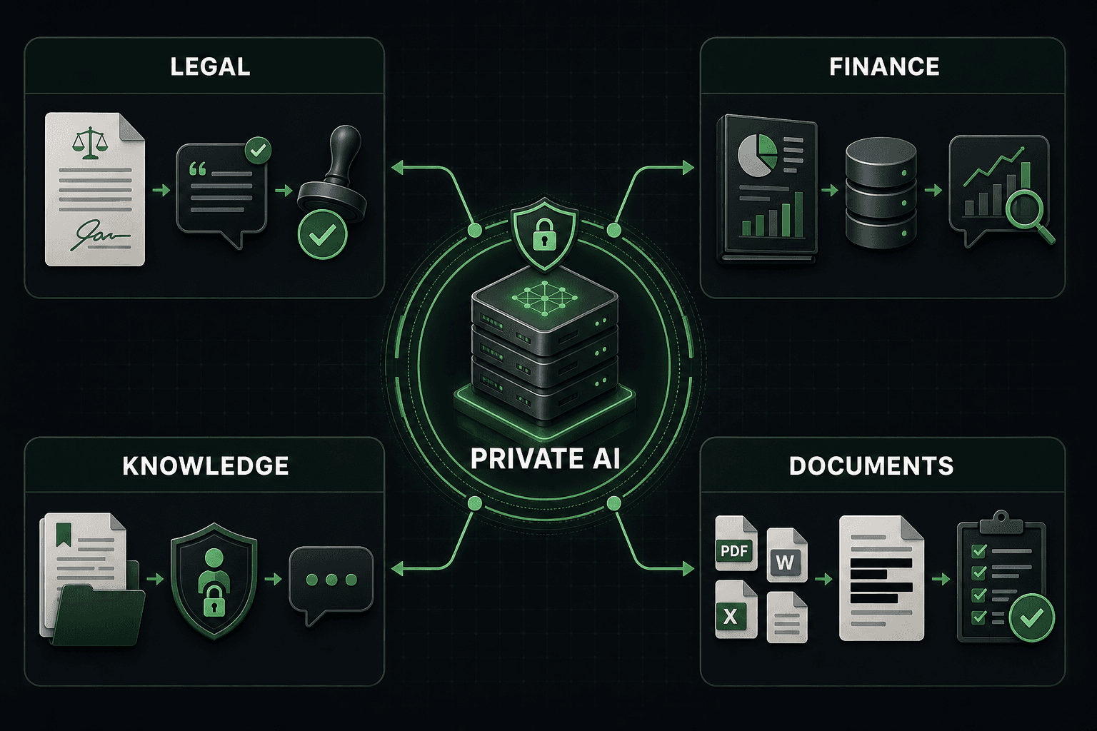 Four private AI use cases connected to one secure internal AI stack: legal, finance, knowledge, and documents