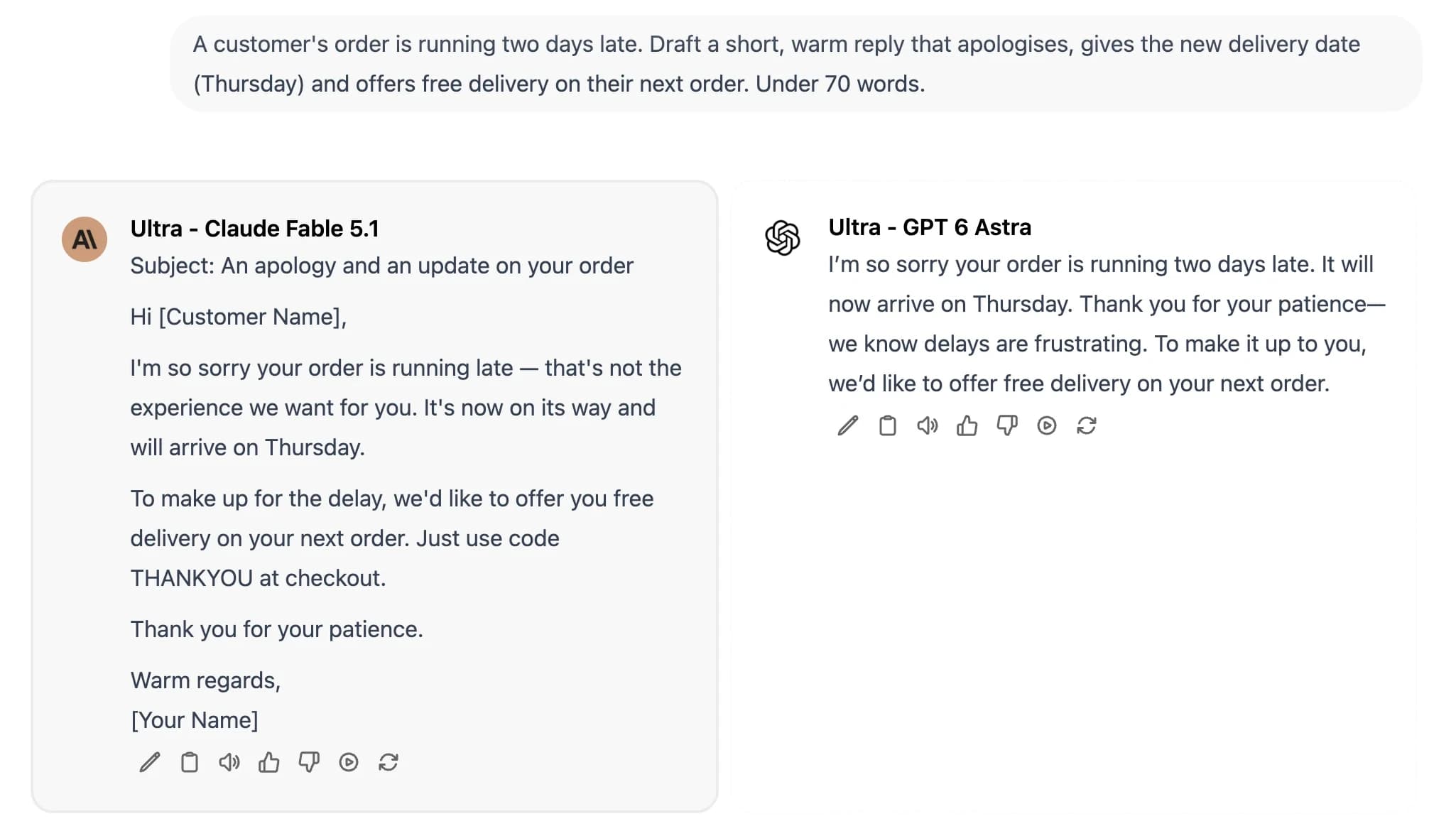 EZChat, real screen: the request ‘A customer’s order is running two days late. Draft a short, warm reply…’ answered side by side by Claude Fable 5.1 and GPT 6 Astra