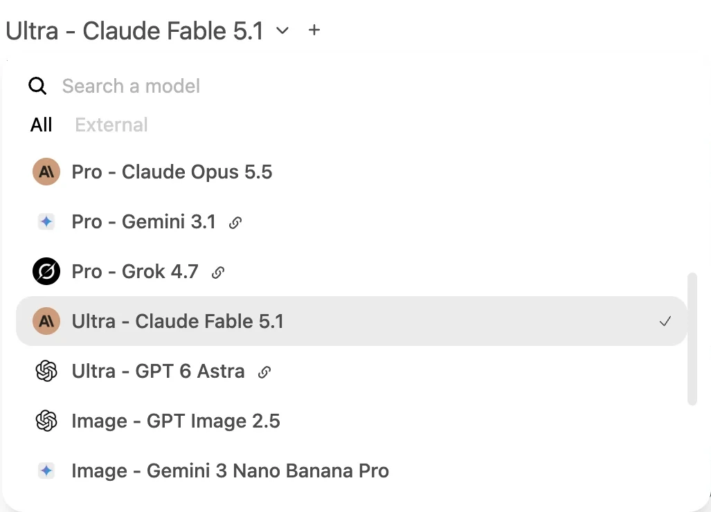 EZChat model picker listing Claude Opus 5.5, Gemini 3.1, Grok 4.7, Claude Fable 5.1, GPT 6 Astra, GPT Image 2.5 and Gemini 3 Nano Banana Pro